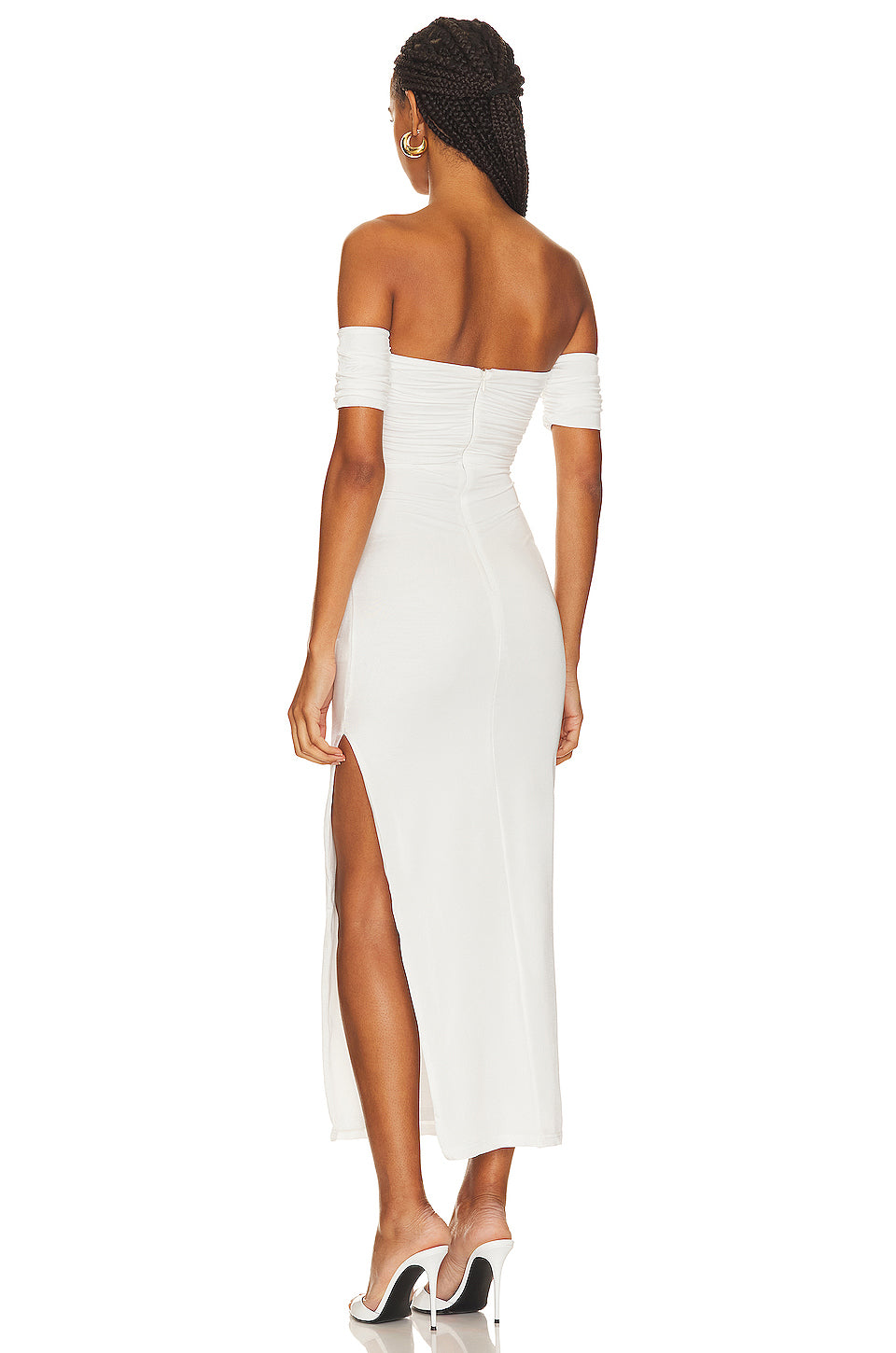 pleated off-shoulder cutout midi dress in white