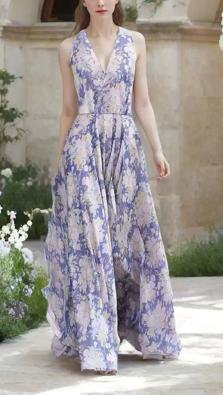 PURPLE ELEGANT FLORAL MAXI DRESS WITH V - NECK AND FLOWY SKIRT