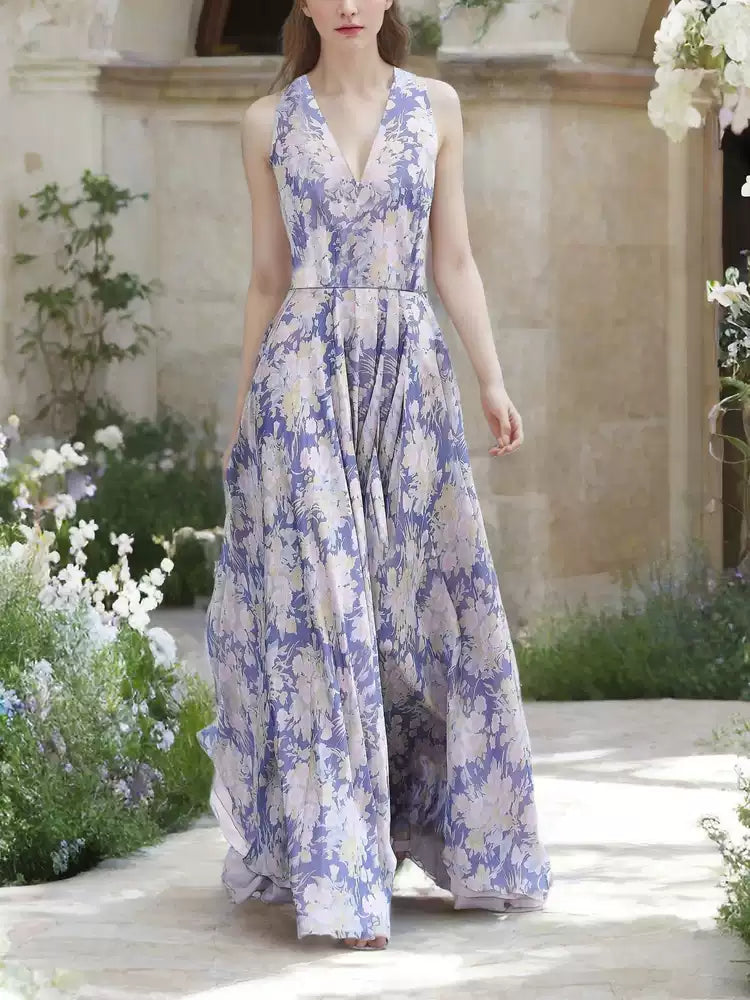 AIIZIE PURPLE ELEGANT FLORAL MAXI DRESS WITH V - NECK AND FLOWY SKIRT - product image