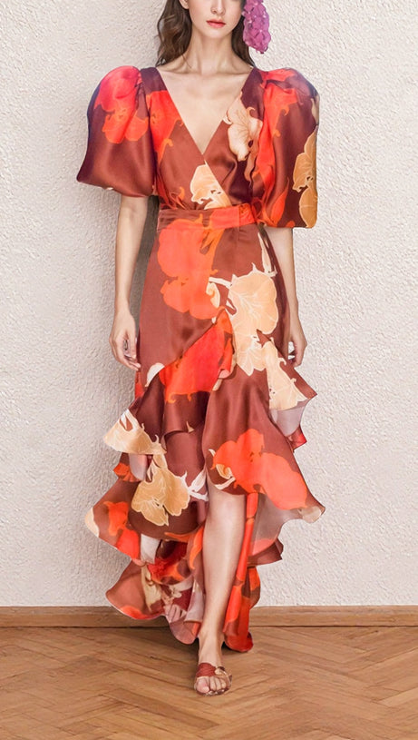 BROWN FLORAL PRINT TIERED MAXI DRESS WITH PUFF SLEEVES