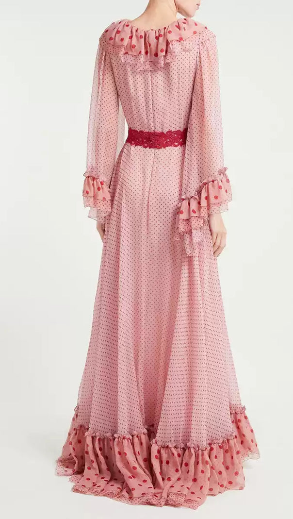 AIIZIE PINK POLKA DOT MAXI DRESS WITH RUFFLES AND RED BELT - product image