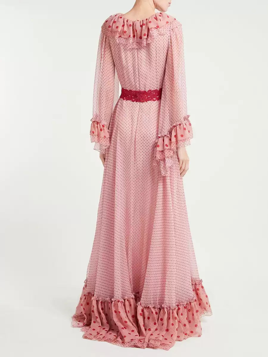 PINK POLKA DOT MAXI DRESS WITH RUFFLES AND RED BELT