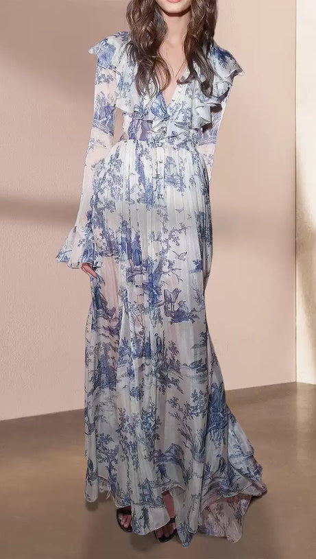 BLUE WATERCOLOR FLORAL CHIFFON  MAXI DRESS
