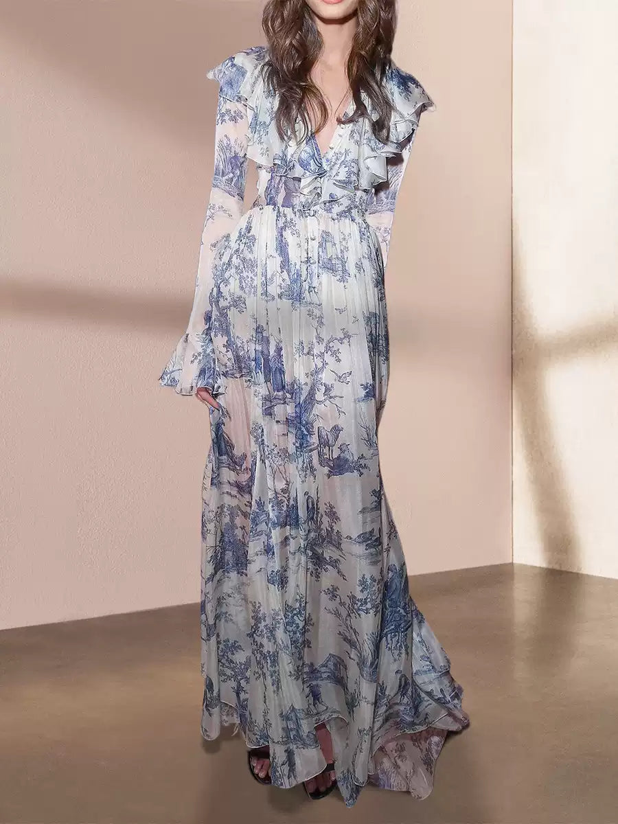 ABITO LUNGO IN CHIFFON FLOREALE BLU ACQUERELLO