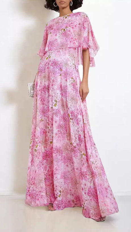 PINK FLORAL CHIFFON CAPE - SLEEVE MAXI DRESS