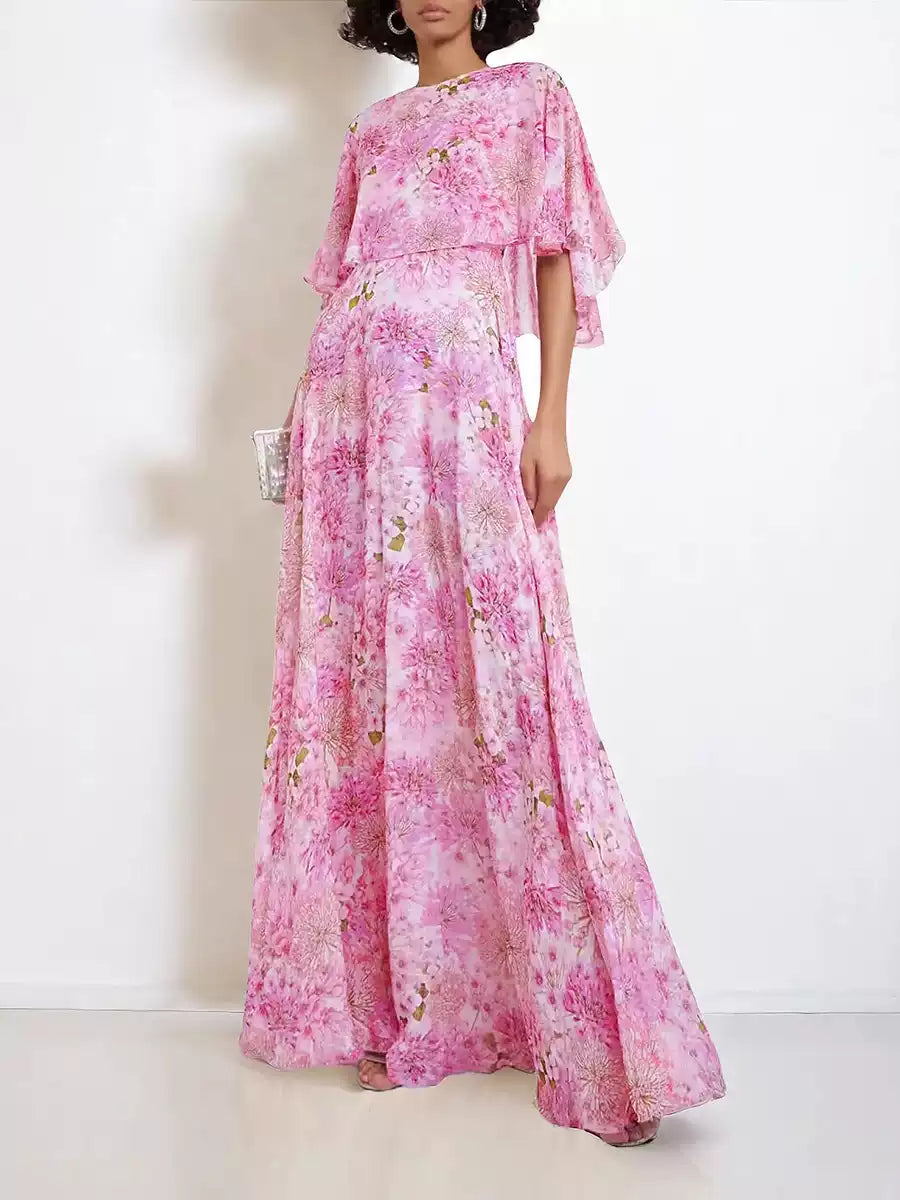 PINK FLORAL CHIFFON CAPE - SLEEVE MAXI DRESS