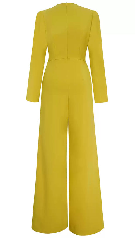 Gelber Jumpsuit mit V-Ausschnitt, langen Ärmeln und weitem Bein 