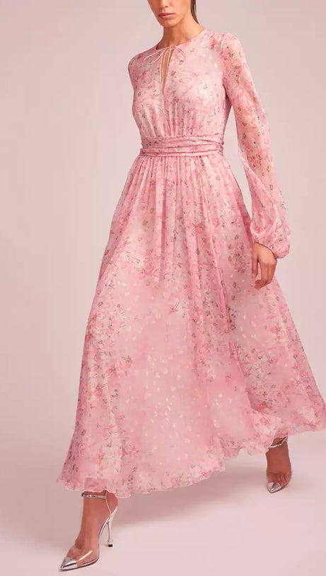 PINK FLORAL CHIFFON MAXI DRESS WITH BALLOON SLEEVES AND KEYHOLE NECKLINE