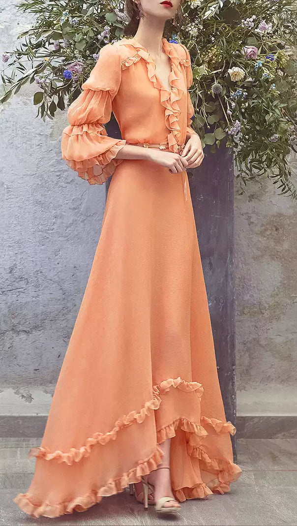 AIIZIE PEACH RUFFLED MAXI DRESS WITH V - NECK AND SHEER SLEEVES - product image