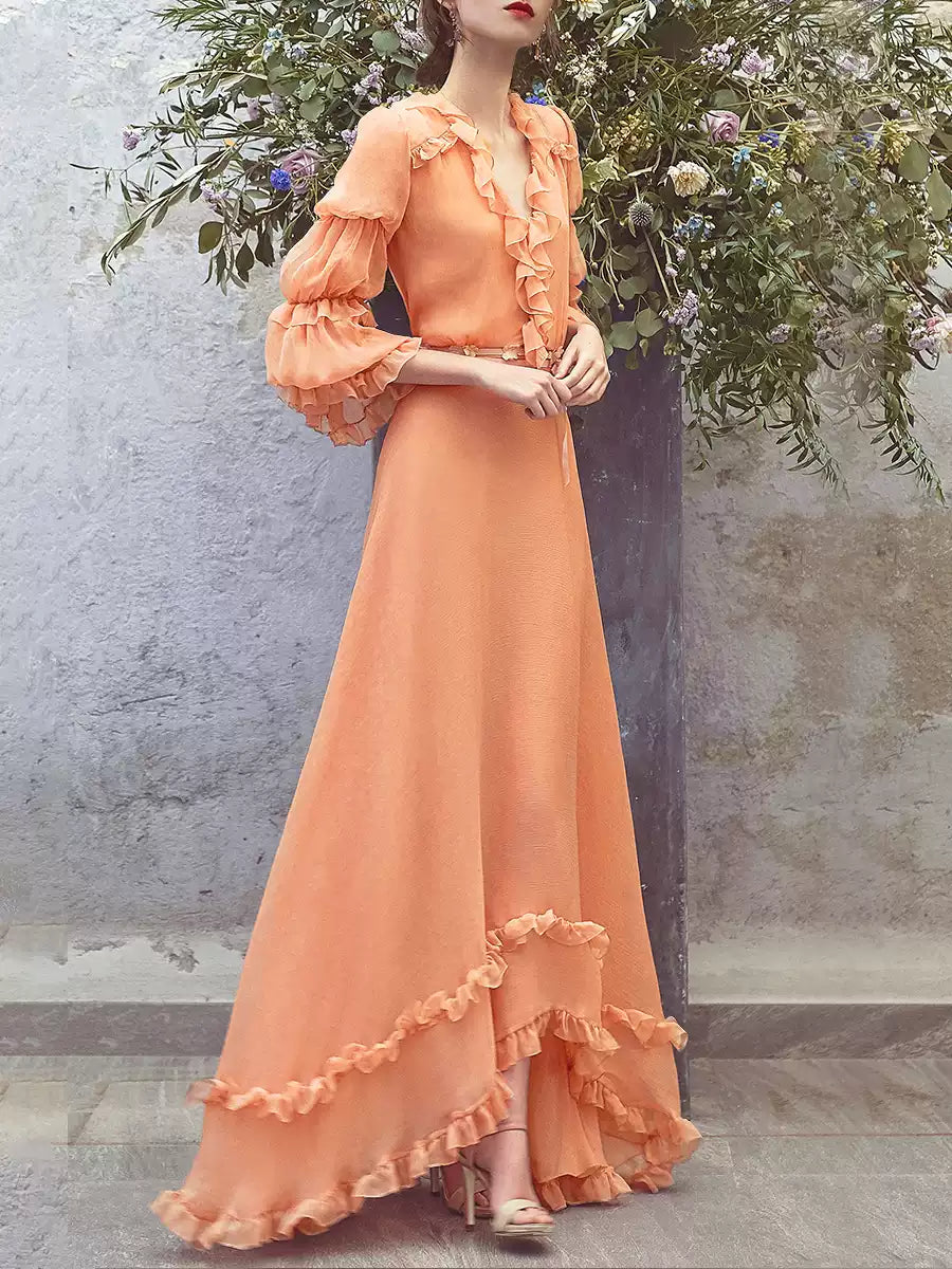 PEACH RUFFLED MAXI DRESS WITH V - NECK AND SHEER SLEEVES