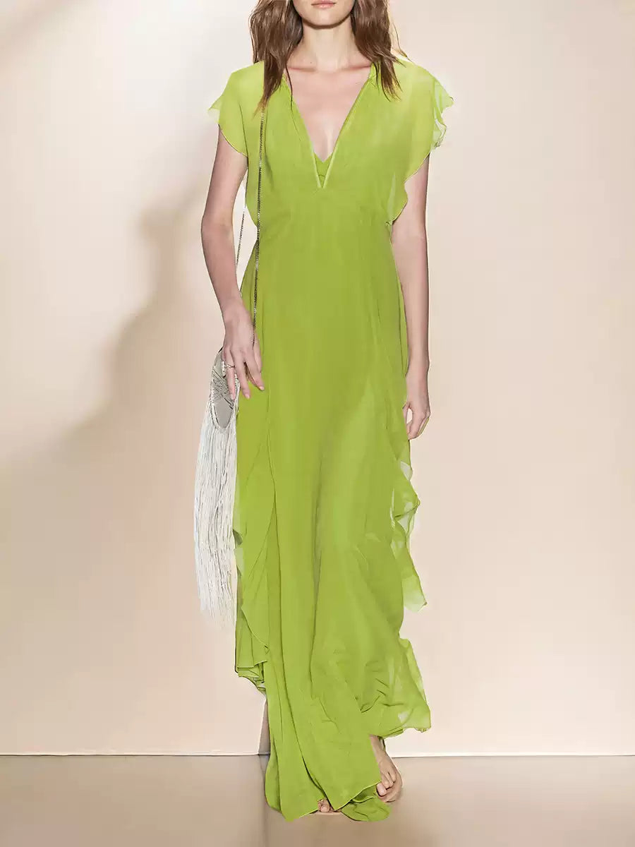 LIME GREEN CHIFFON V - NECK MAXI DRESS WITH RUFFLES