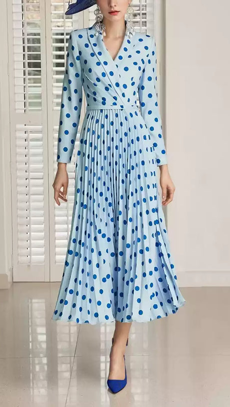 LIGHT BLUE POLKA DOT WRAP DRESS WITH PLEATED SKIRT