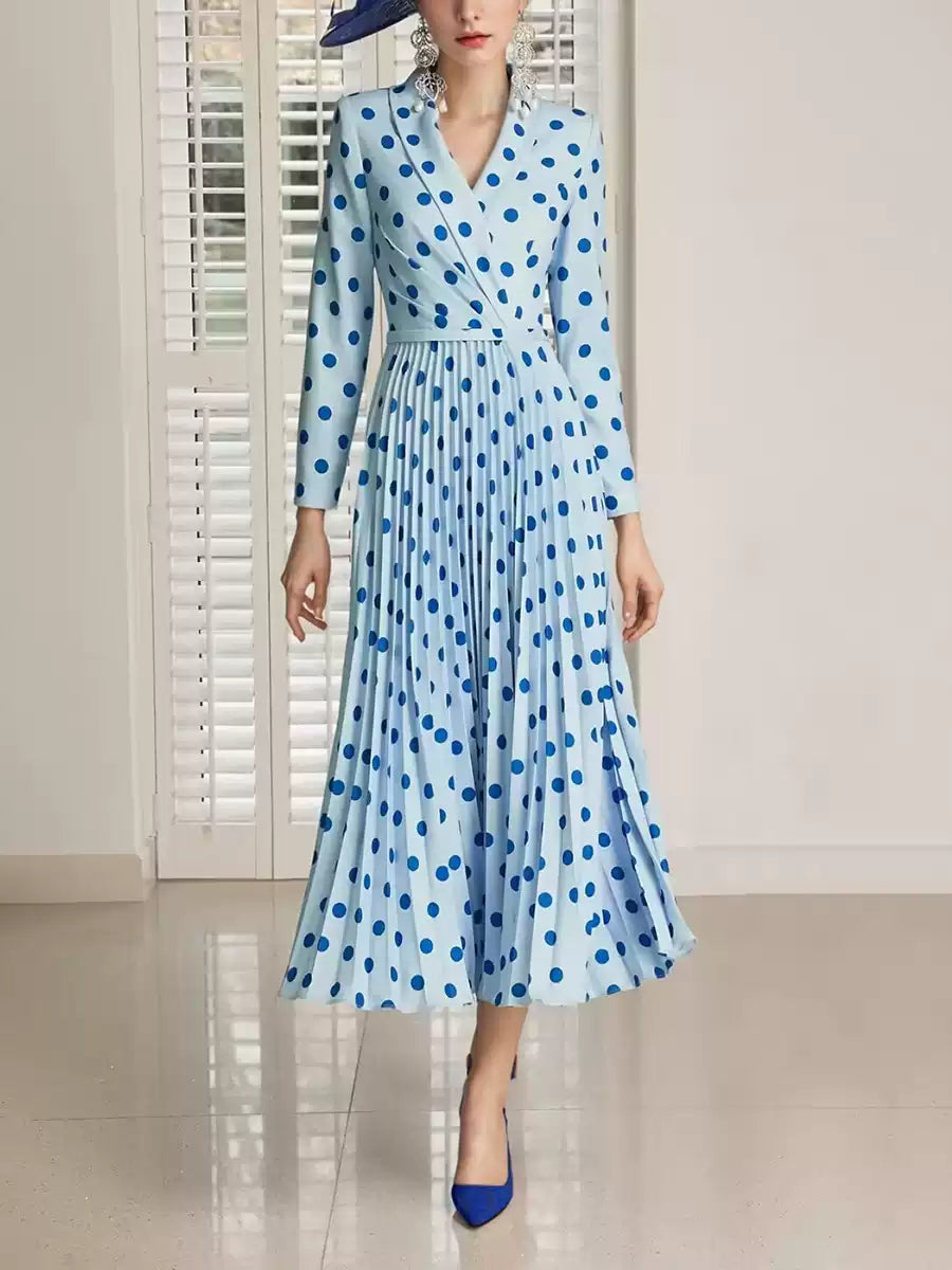 LIGHT BLUE POLKA DOT WRAP DRESS WITH PLEATED SKIRT