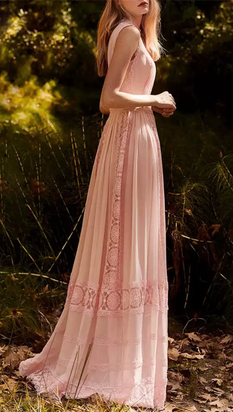 PINK SLEEVELESS LACE MAXI DRESS