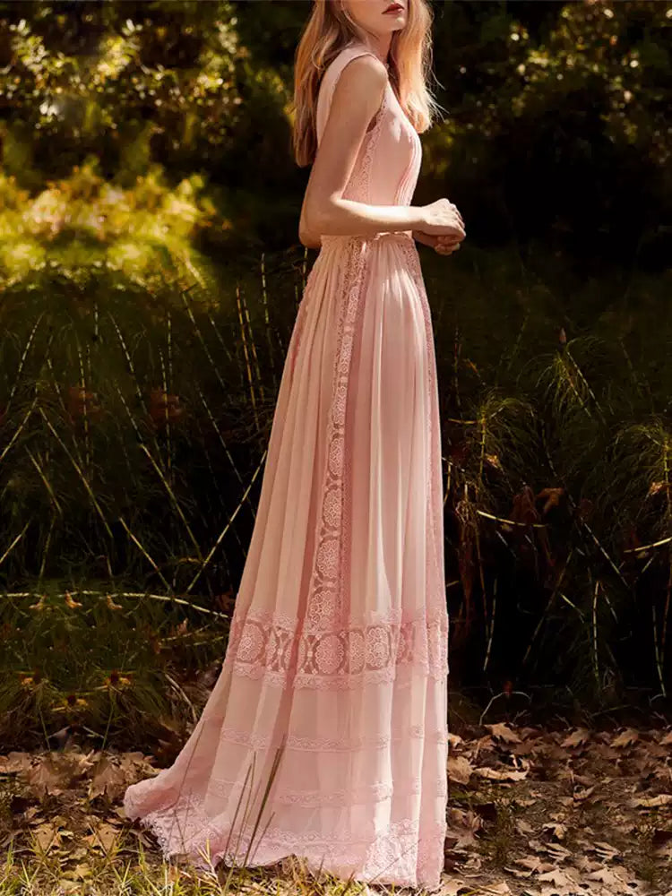 ABITO LUNGO IN PIZZO SENZA MANICHE ROSA