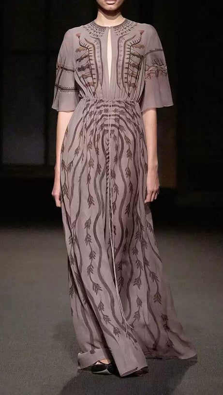 ELEGANT PRINTED MAXI DRESS WITH SHEER SLEEVES AND TIE - WAIST