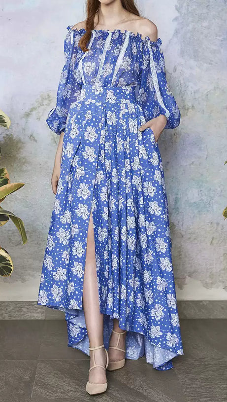 ELEGANT BLUE FLORAL OFF - SHOULDER MAXI DRESS WITH LACE TRIM