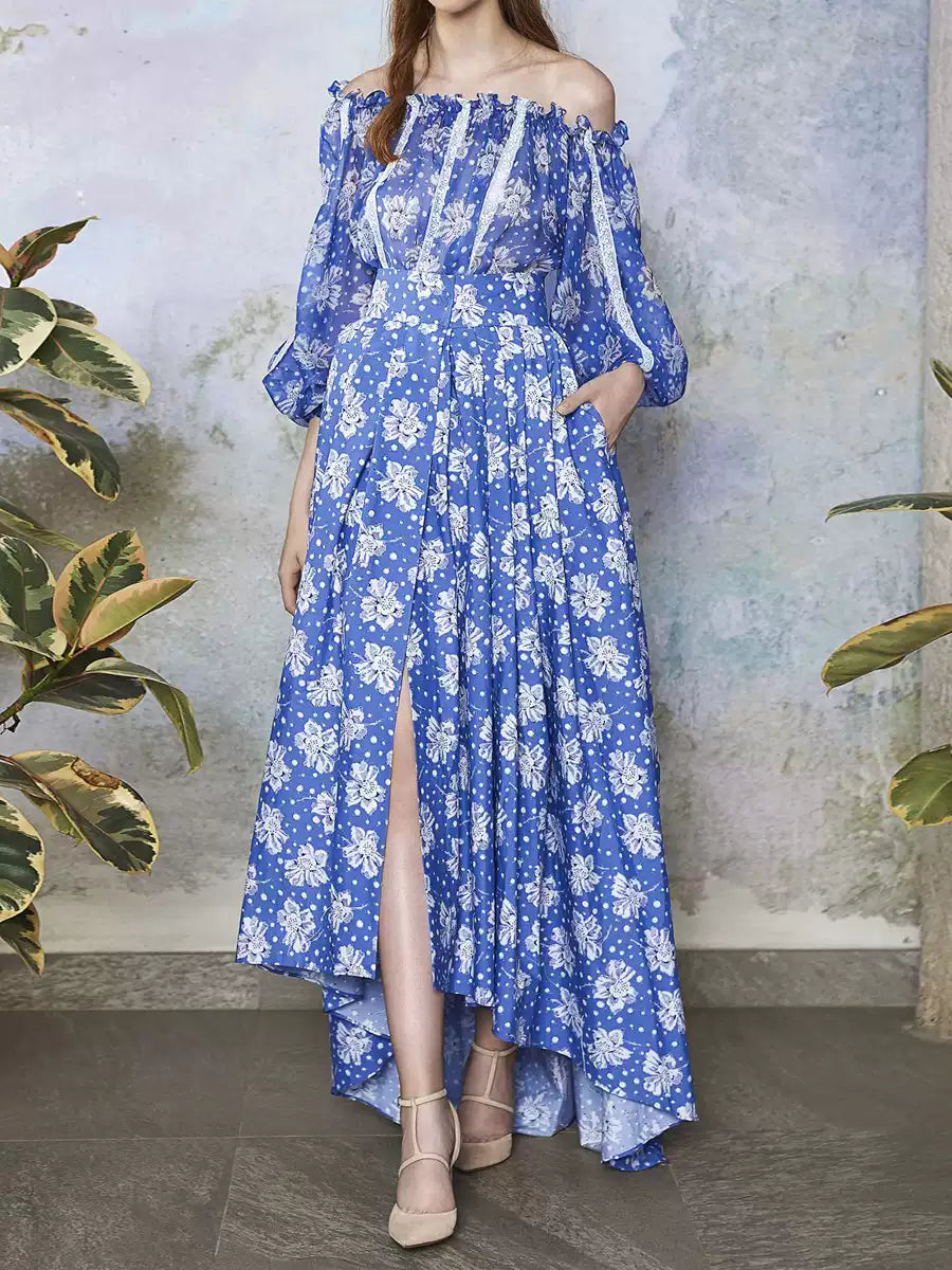 ELEGANT BLUE FLORAL OFF - SHOULDER MAXI DRESS WITH LACE TRIM