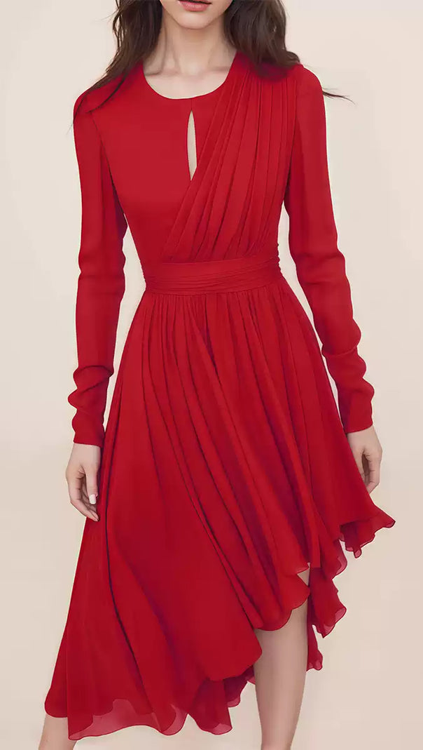 AIIZIE RED CHIFFON ASYMMETRIC MIDI DRESS WITH PLEATED DETAIL - product image
