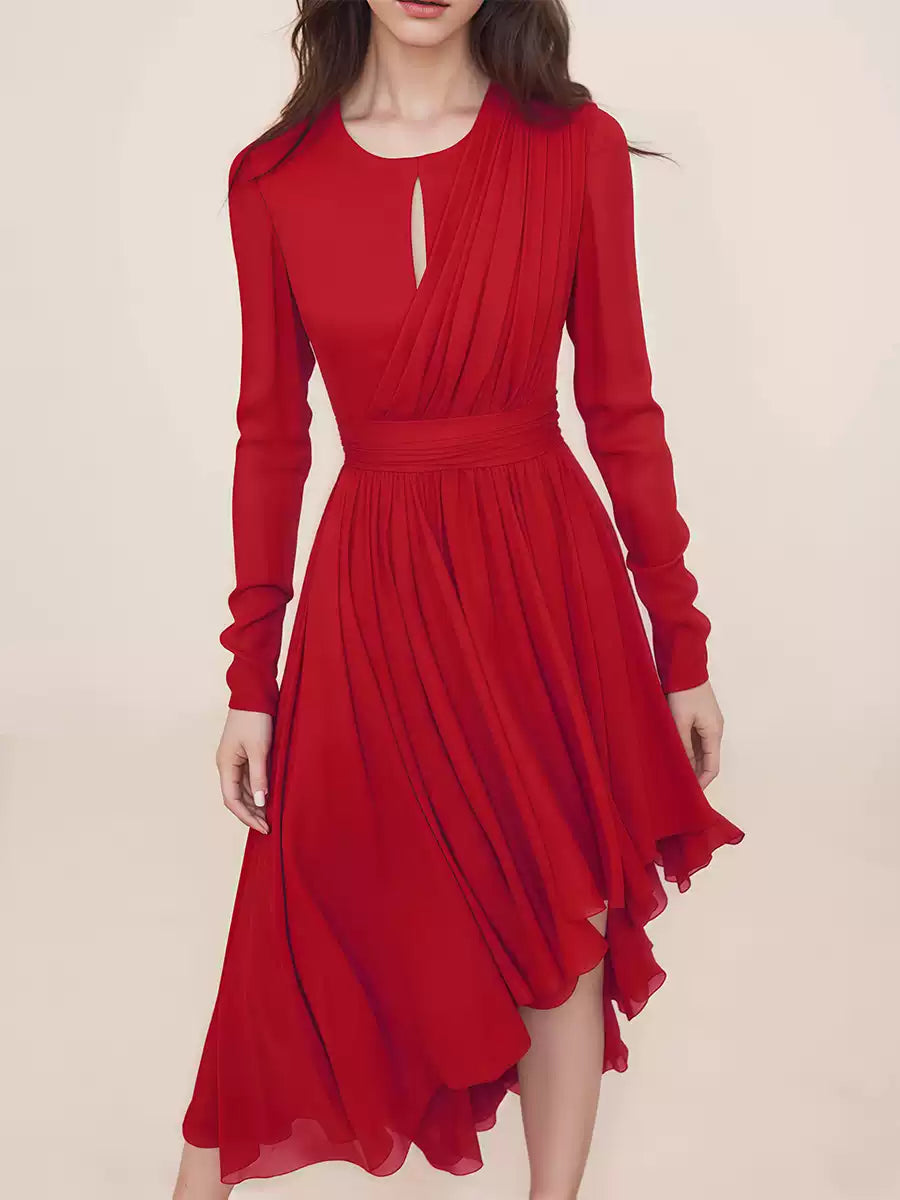 Rotes asymmetrisches Midikleid aus Chiffon mit Plissee-Detail 