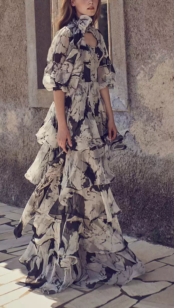AIIZIE ELEGANT FLORAL TIERED MAXI DRESS WITH BOW NECKLINE - product image