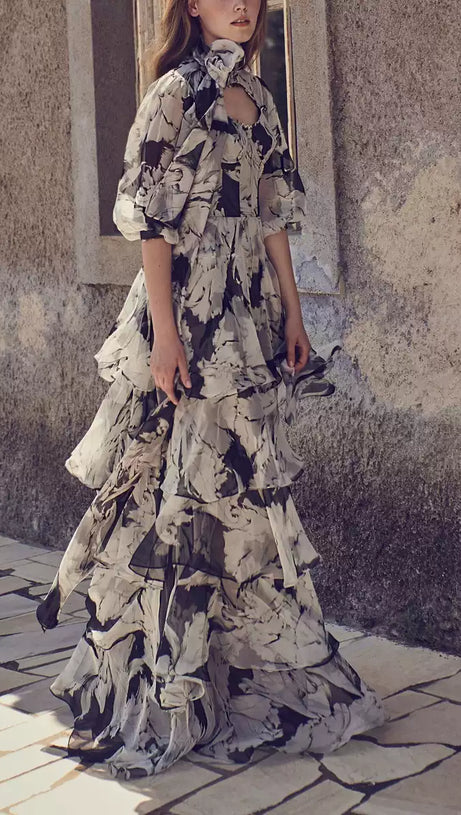 ELEGANT FLORAL TIERED MAXI DRESS WITH BOW NECKLINE