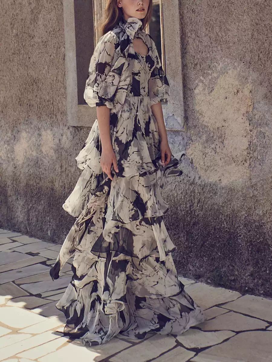 ELEGANT FLORAL TIERED MAXI DRESS WITH BOW NECKLINE