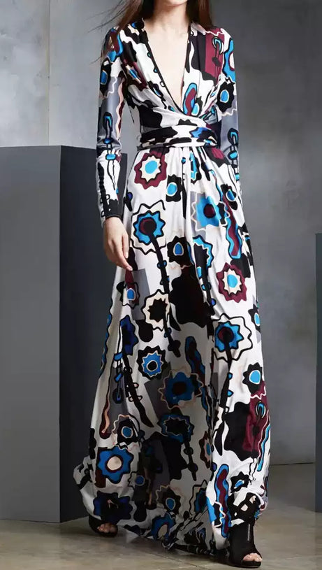 WHITE FLORAL PRINT WRAP MAXI DRESS WITH LONG SLEEVES
