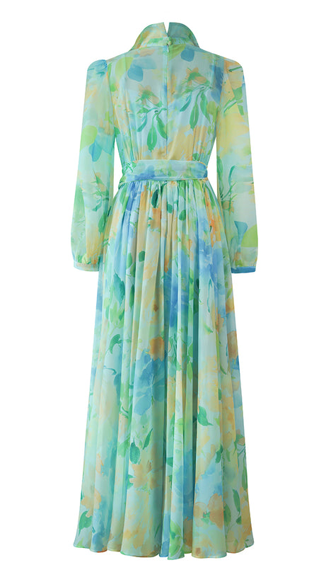 BLUE - GREEN FLORAL CHIFFON MAXI DRESS WITH BELTED WAIST
