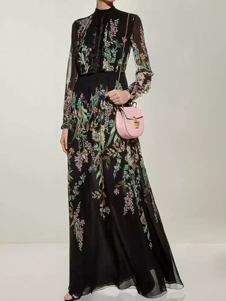 BLACK LACE FLORAL MAXI DRESS