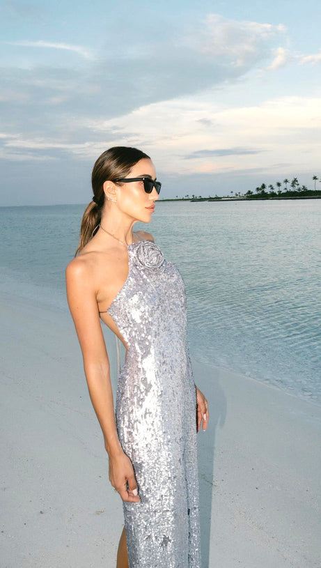 WINIFRED FLORAL-APPLIQUÉ SEQUIN MAXI DRESS SILVER