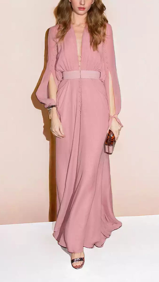 AIIZIE ELEGANT PINK MAXI DRESS WITH BUTTON FRONT AND BELTED WAIST - product image