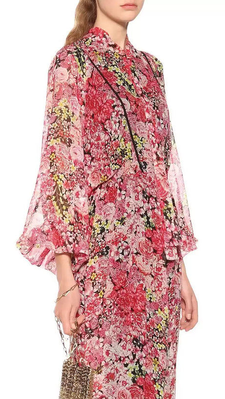 ABITO LUNGO IN CHIFFON A FIORI ROSSI