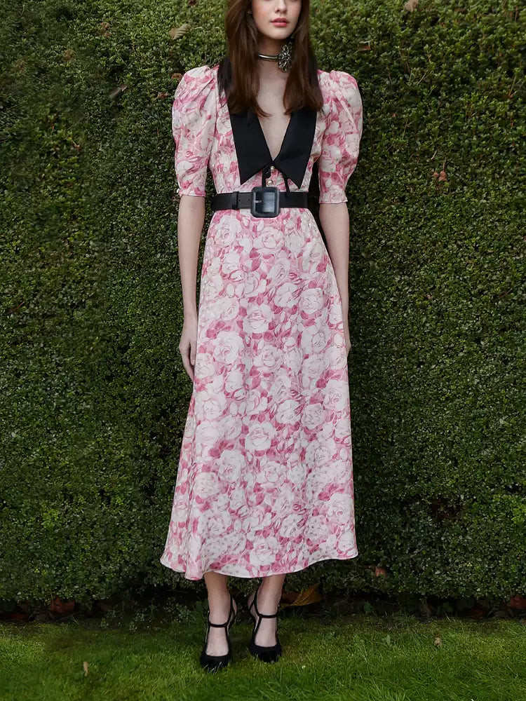 PINK FLORAL PRINT MIDI DRESS WITH CONTRAST COLLAR AND BELT