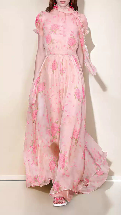 PINK FLORAL CHIFFON MAXI DRESS WITH PUFF SLEEVES AND SCARF NECKLINE