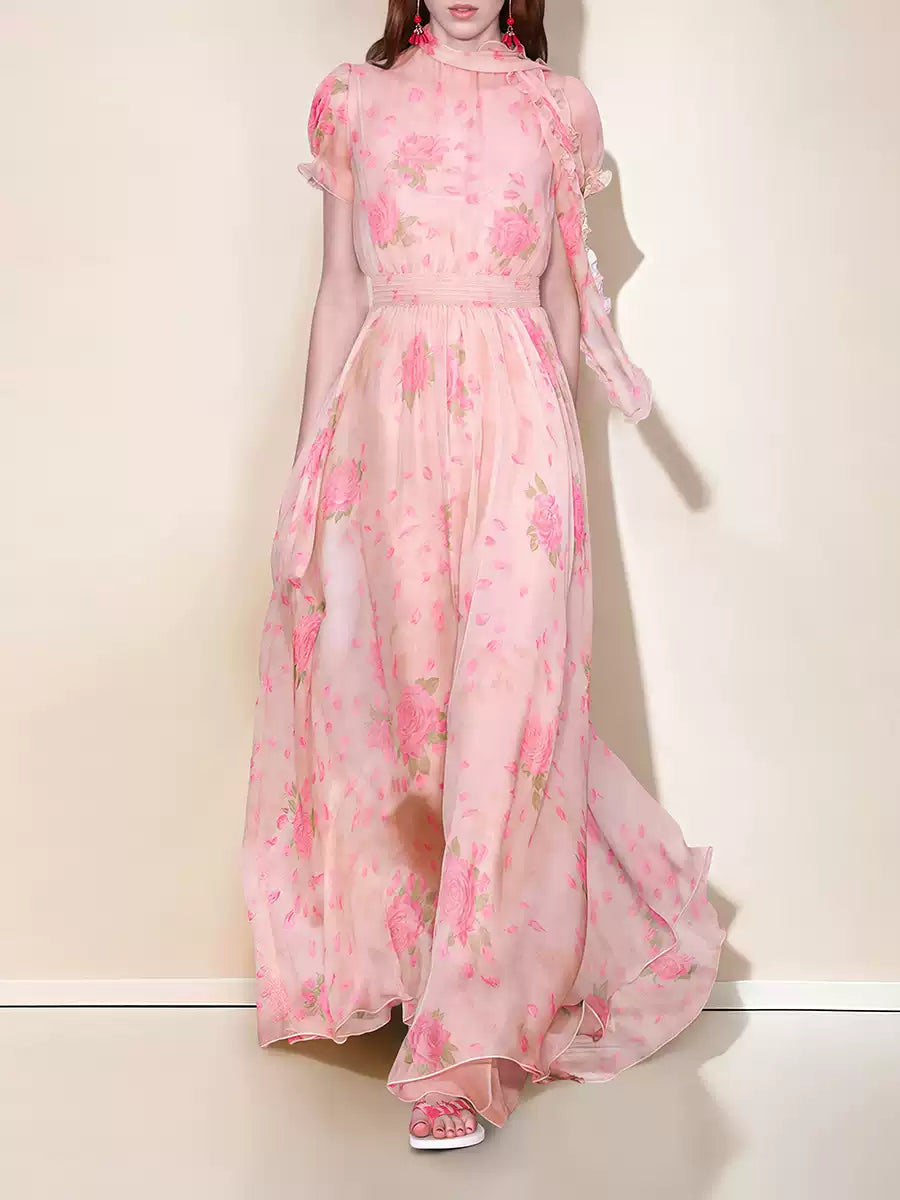 Rosa Chiffon-Maxikleid mit Blumenmuster, Puffärmeln und Schalausschnitt 