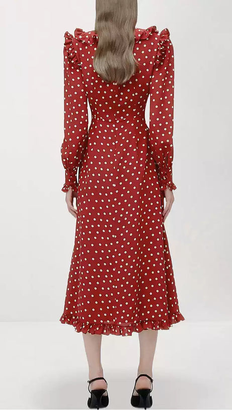BURGUNDY POLKA DOT MAXI DRESS WITH RUFFLED V - NECK AND BELT