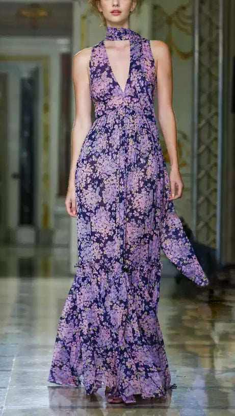 PURPLE ELEGANT FLORAL MAXI DRESS WITH HALTER NECK AND BOW