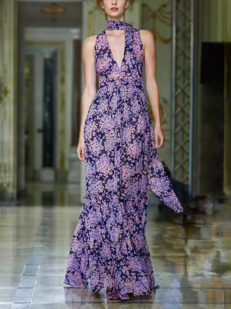 PURPLE ELEGANT FLORAL MAXI DRESS WITH HALTER NECK AND BOW
