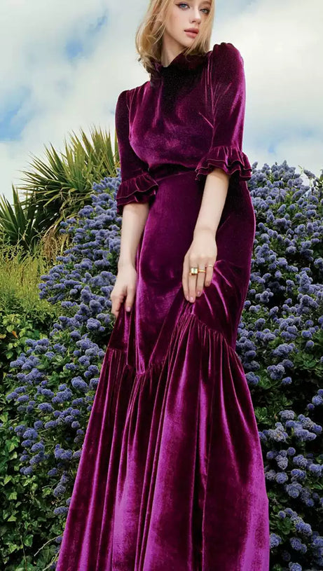 PURPLE VELVET RUFFLE TRIM MAXI DRESS WITH HALF - SLEEVES