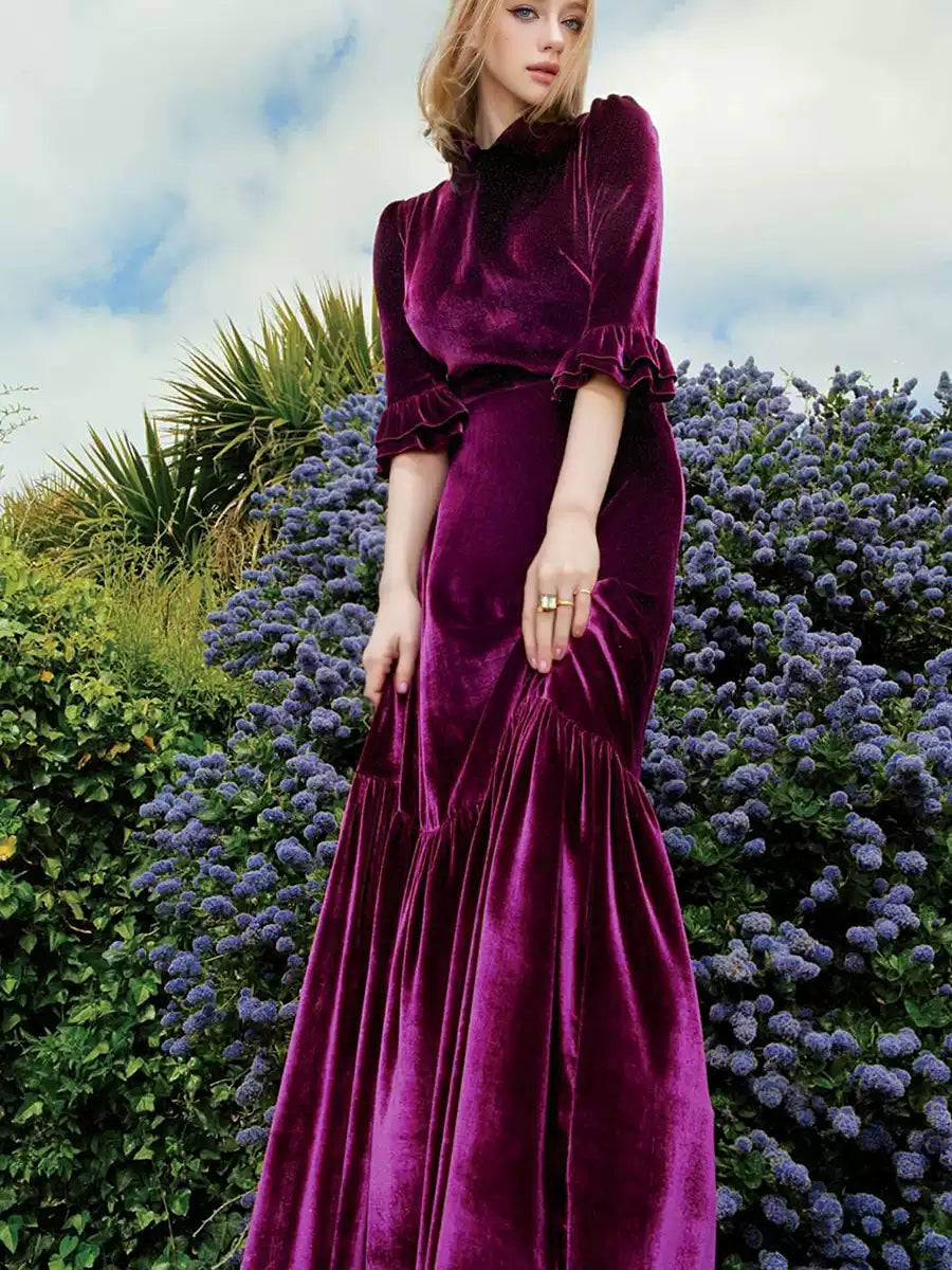 PURPLE VELVET RUFFLE TRIM MAXI DRESS WITH HALF - SLEEVES