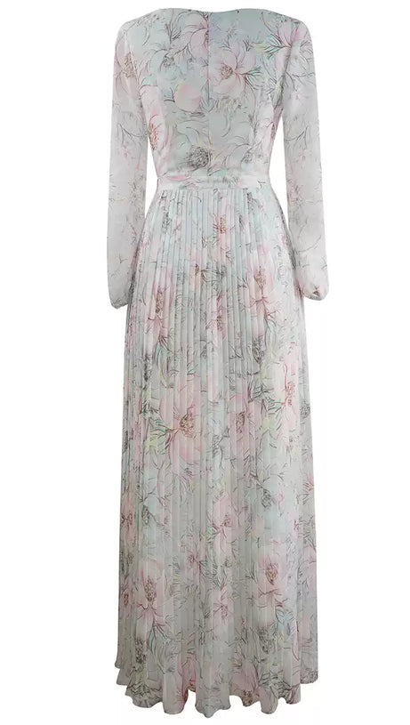 ELEGANT FLORAL PLEATED LONG DRESS WITH SHEER SLEEVES