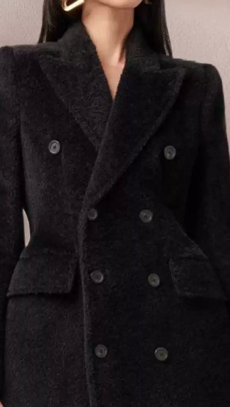 BLACK TEXTURED LONG COAT WITH DOUBLE - BREASTED DESIGN