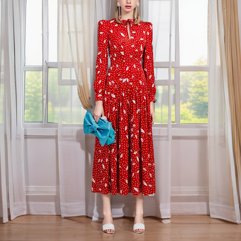 RED FLORAL AND POLKA DOT MAXI DRESS WITH LONG SLEEVES