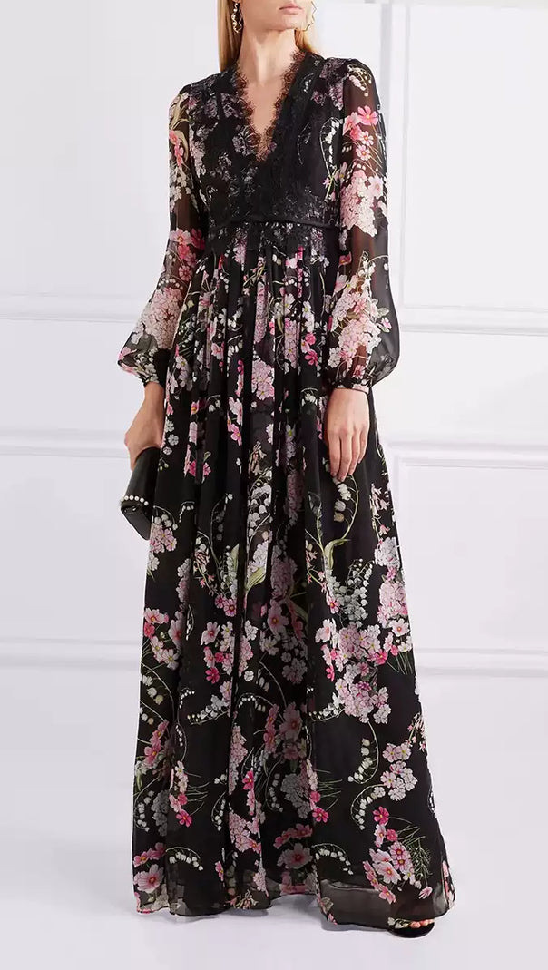 AIIZIE BLACK FLORAL LONG SLEEVE MAXI DRESS WITH V - NECK AND LACE DETAIL - product image