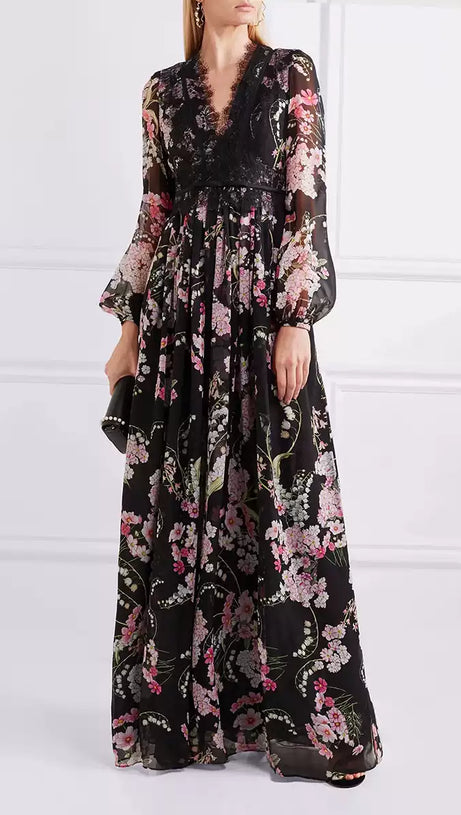 BLACK FLORAL LONG SLEEVE MAXI DRESS WITH V - NECK AND LACE DETAIL