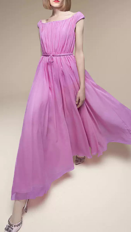 ELEGANT LILAC MAXI DRESS WITH BOW BELT AND PLEATED BODICE