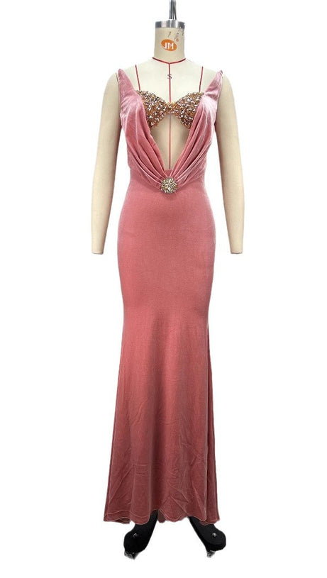 OFF-SHOULDER CRYSTAL EMBELLISHED BODYCON MAXI DRESS IN ICEBERRY PINK