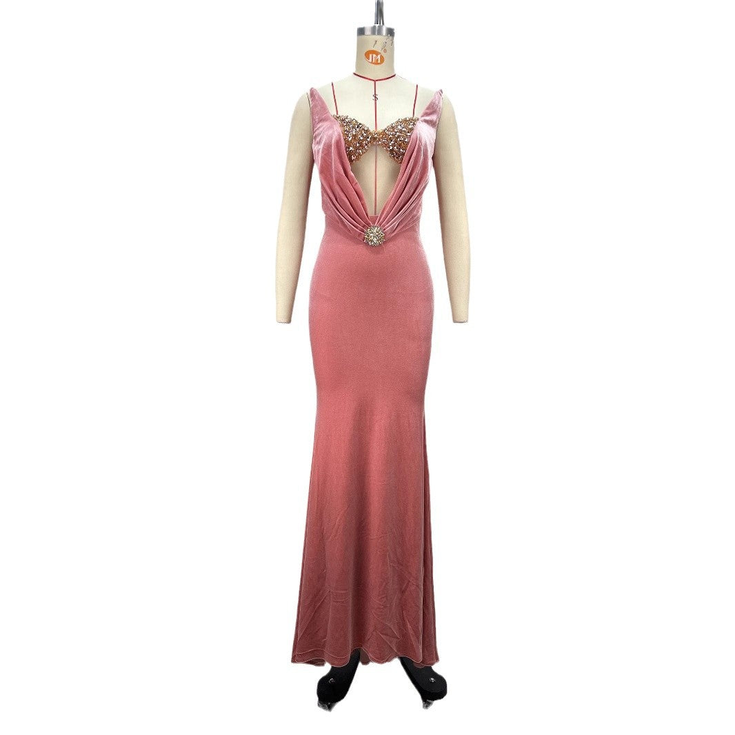 OFF-SHOULDER CRYSTAL EMBELLISHED BODYCON MAXI DRESS IN ICEBERRY PINK