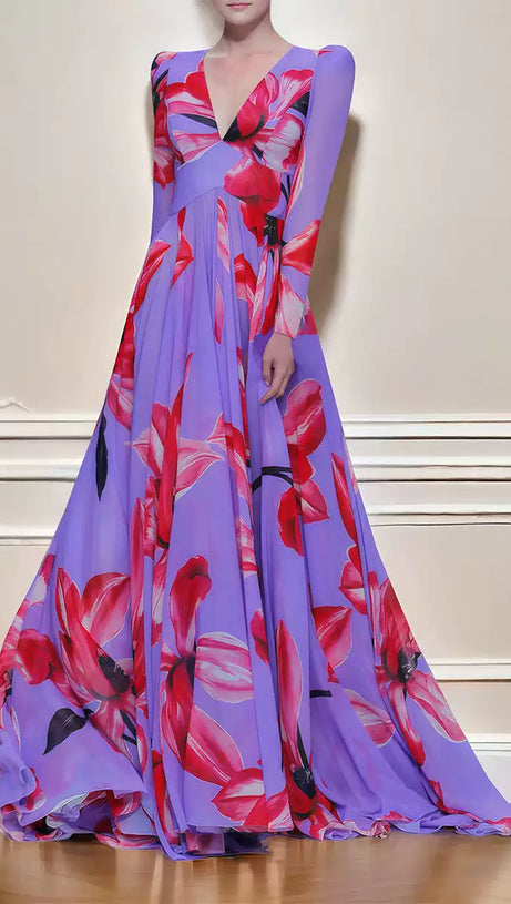 PURPLE FLORAL MAXI DRESS WITH LONG SLEEVES AND V NECK